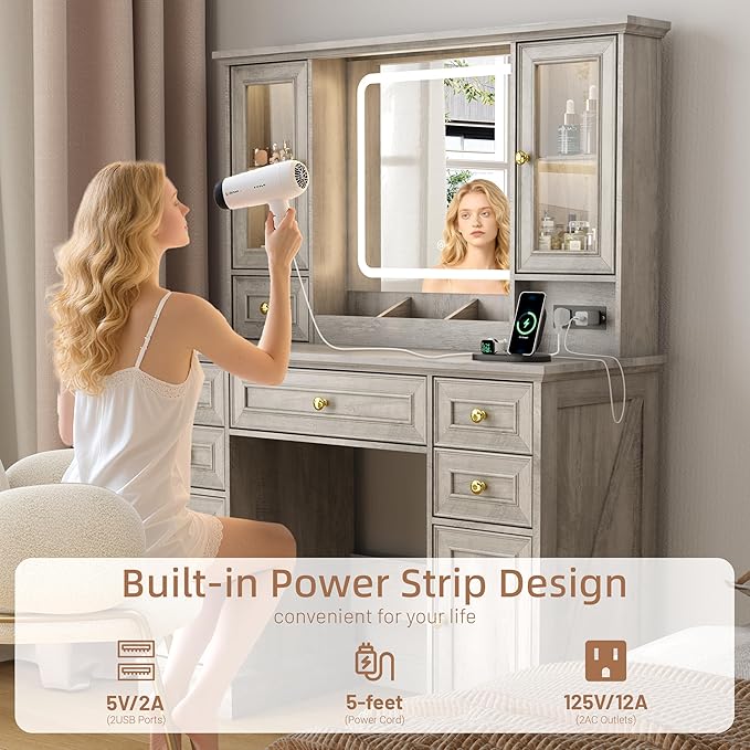 Vanity Desk with Mirror & Lights, Makeup Vanity with Power Outlet & USB Ports, Farmhouse Dressing Table, 6 Drawers & 4 Storage Cabinets, RGB Cabinet Lighting, 3-Color Dimmable Mirror