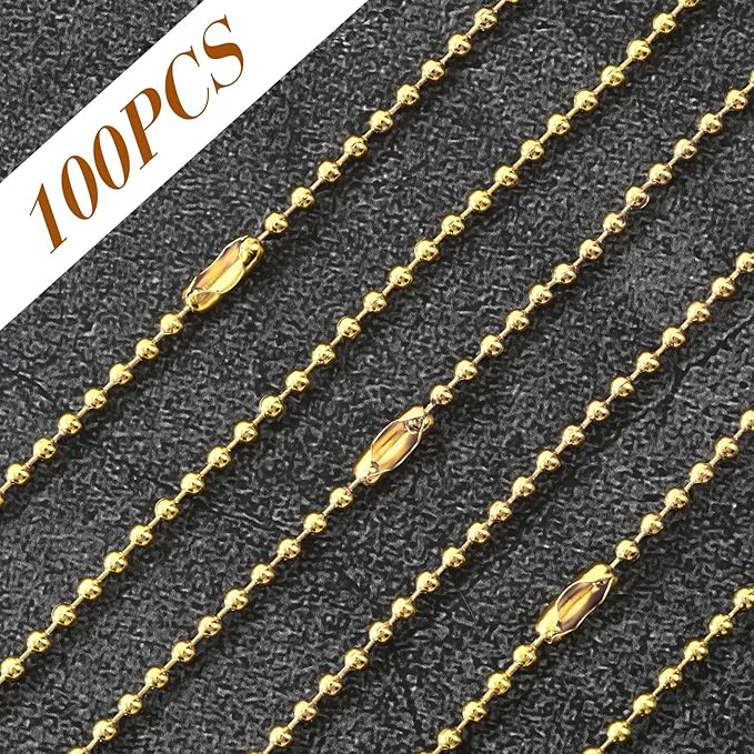 SANNIX 100Pcs Ball Beads Chain, Metal Hanging Chains 4.72 Inch Ball Chain Keychains with Connectors for Hanging Keychain Decoration(Gold)