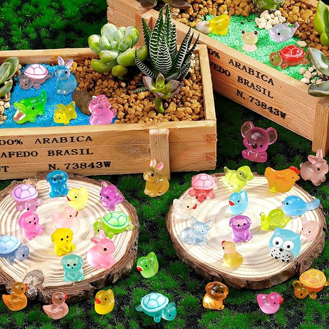 80 Pcs Luminous Mini Resin Animals 80 Styles Tiny Little Glow in the Dark Animal Figures to Hide Miniature Ducks Figurines for Party Favors DIY Fairy Garden Dollhouse Micro Landscape Aquarium Decor