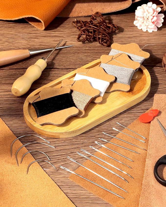 FIVEIZERO Upholstery Repair Sewing Kit, Leather Sewing Kit, 63 Yards Upholstery Thread& 7Pcs Heavy Duty Needles, Leather Thread, Curved Needles for Quilting & Hand Stitching (White)