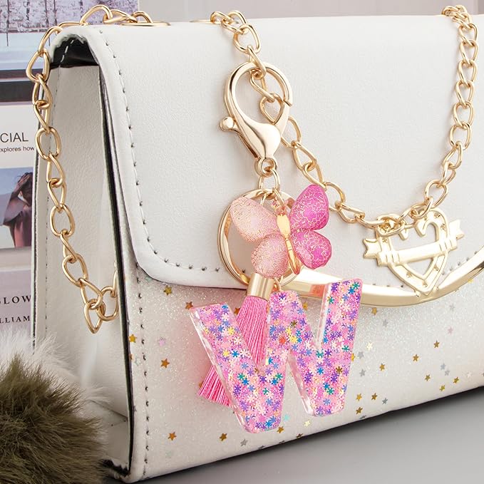 Suweibuke Cute Pink Key Chains for Women Girls, Initial Letter Keychains with Tassel, Charms for Key Purse Handbags Backpacks