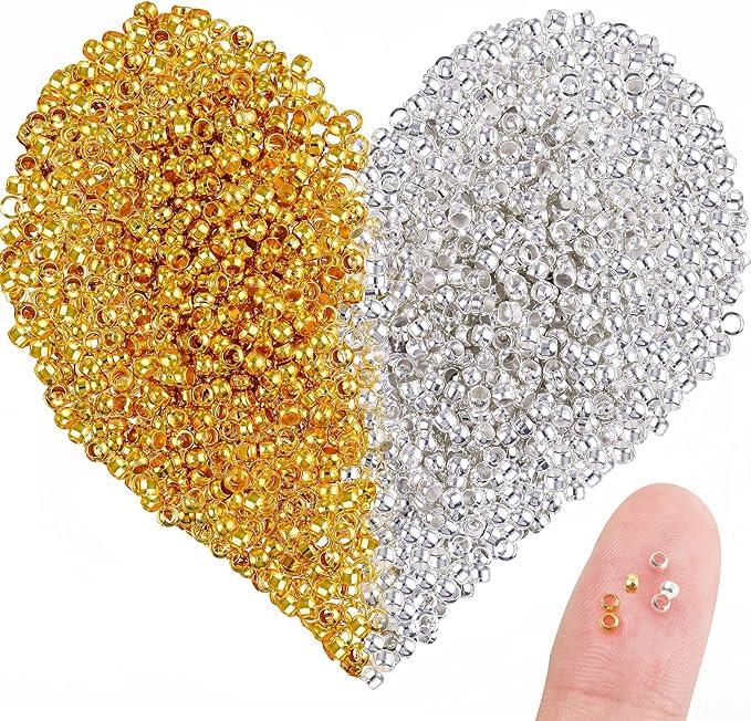 Hicarer 1200 Pieces Crimp Beads Metal Round Spacers Stopper Beads Clamp Ends for DIY Necklace Bracelets Jewelry Making Supplies(2 mm,Silver and Gold)