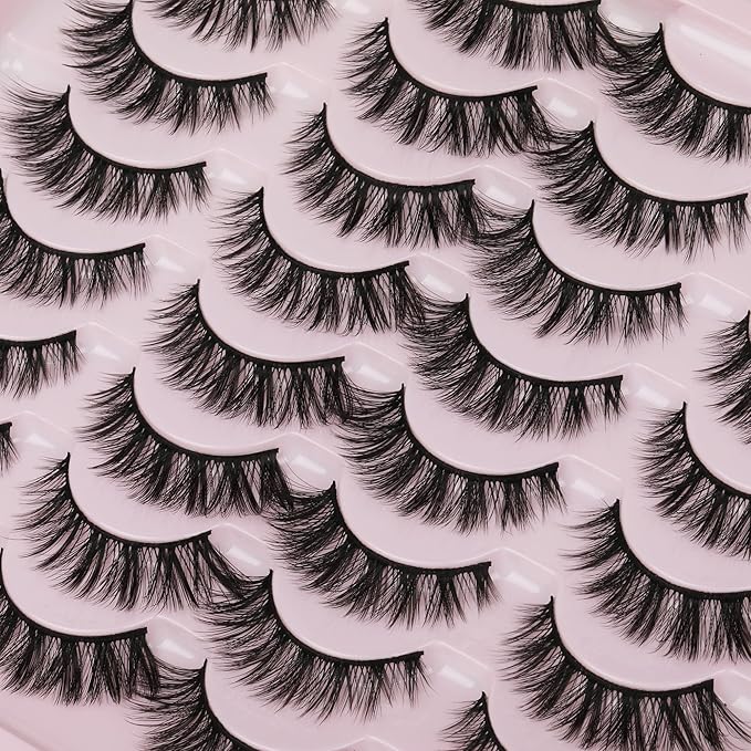 JIMIRE Wispy Faux Mink Cat Eye Lashes Fluffy Crossed Volume False Eyelashes Natural Look Handmade Premium Quality Reusable 16 Pairs Pack