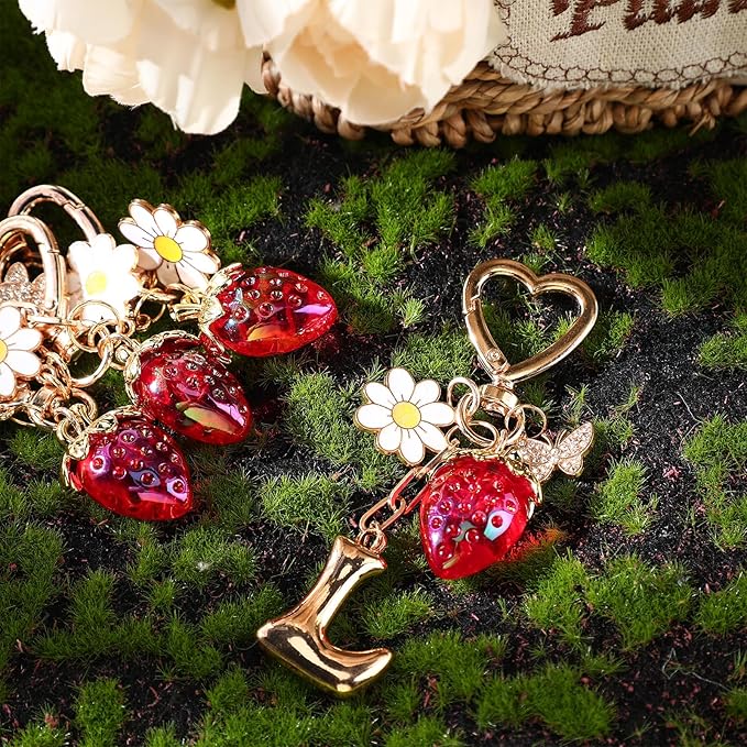 Strawberry Initial Keychain for Women-Cute Kawaii Gold Alphabet Bag Charms, Key chain Gift for Purse Handbag