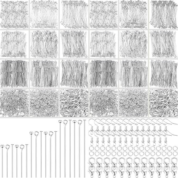 HyDren 2600 Pcs Jewelry Making Supplies Eye Flat Head Ball Pins Lobster Clasps Jump Rings Earring Hooks Backs Set Jewelry Making Findings Accessories Kit for Earring Bracelet DIY Crafts(Silver)