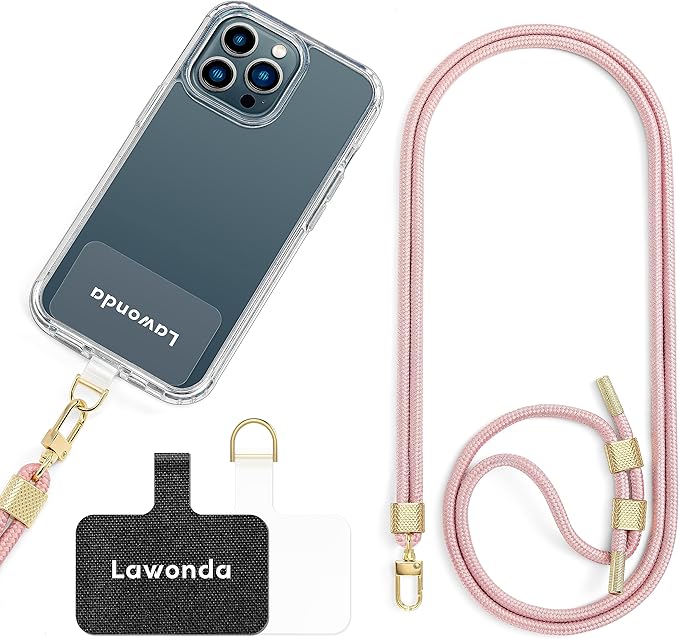 Phone Lanyard Universal Crossbody Cell Phone Strap Anti-Theft Adjustable Neck Lanyard for iPhone 17 Pro Max 2pcs Phone Patchs Tether Pads for Women & Men Light Pink