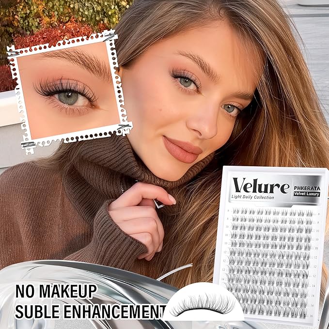 PHKERATA Velure Lash Clusters Kit Natural Eyelash Clusters Wispy Lash Extension Kit Invisible Clear Band Lashes DIY Cluster Eyelash Extensions with Bond and Seal Tweezers, 8-16mm, 120Pcs