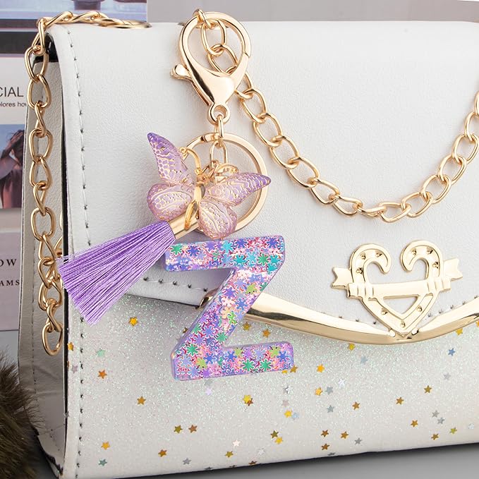 Suweibuke Cute Pink Key Chains for Women Girls, Initial Letter Keychains with Tassel, Charms for Key Purse Handbags Backpacks