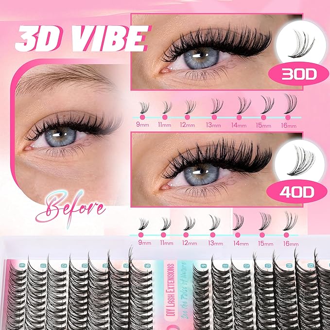 DIY Lash Extensions 266Pcs Lash Clusters Eyelash Extensions 9-16MM Mixed Wispy 30D 40D Natural Individual Lashes D Curl Thin Band Volume Cluster Lashes for DIY at Home (30D+40D,0.06D,9-16MM)