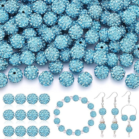 120pcs 10mm Rhinestone Beads for Jewelry Making, Aquamarine Shiny Round Shamballa Disco Ball Beads Bulk, Sparkle Crystal Clay Christmas for Bracelet Baseball Necklace Earring Crafting and DIY