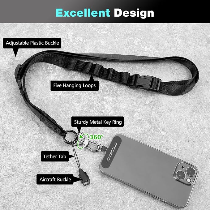 MoKo Universal Phone Lanyard, Nylon Adjustable Cell Phone Crossbody Strap Detachable Women & Men Cellphone Lanyards Around the Neck with Patches for iPhone, Most Smartphones, Black