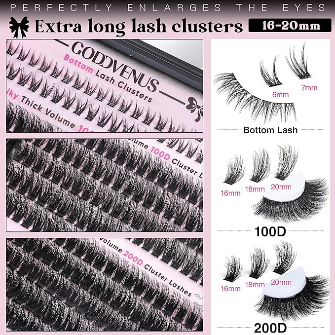 Goddvenus Fluffy Eyelash Clusters Kit Waterproof DIY Lashes Extension Kit Wispy Volume D Curl Cluster Eyelash Extensions Kit Mink Individual Lashes Kits with Bottom Eyelashes (Volume 240pcs D Curl)