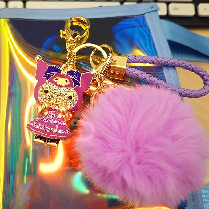 Cute Keychain for Women with Braided Rope, PomPom and Sparkling Rhinestones - Kawaii Charm for Kinds of Bags