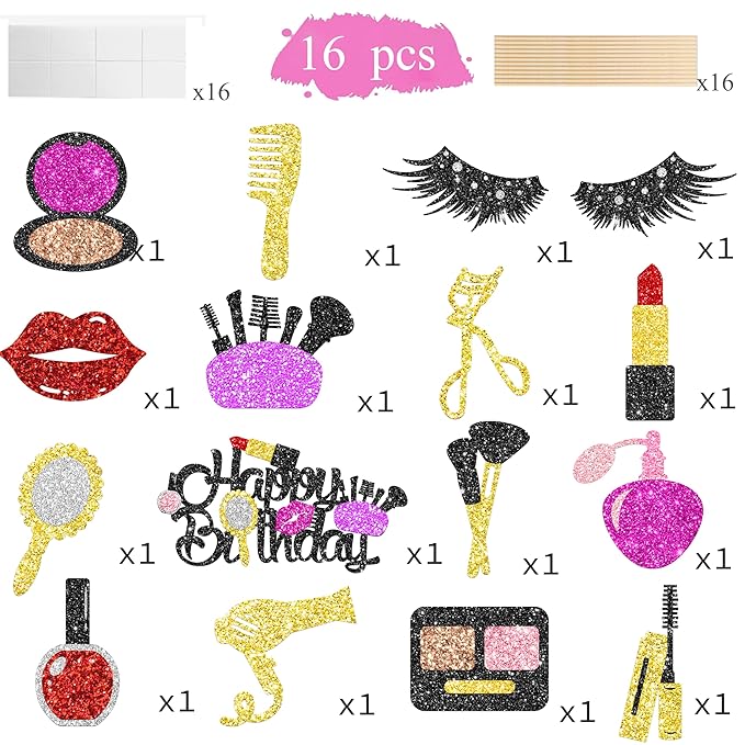 16Pcs Glitter Makeup Party Centerpiece Sticks Spa Makeup Party Decorations Cosmetics Lipstick Eyelashes Perfume Theme Table Centerpiece for Girls Women Birthday Party Party Bridal Shower Supplies