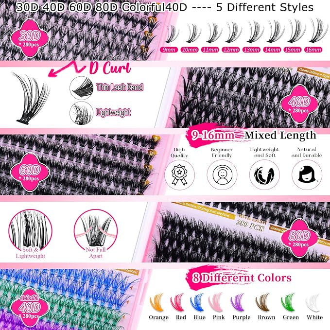 Lash Clusters Kit Eyelash Clusters Kit 4 Boxes + 1 Colorful Cluster Eyelash Extensions Pestañas Postizas Naturales with Lash Bond and Seal*2,Remover*2,Tweezers*2,Mascara Brush*2(13 Counts Lash Kit)
