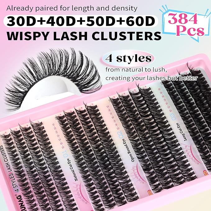 TOOCHUNAG Lash Extension Kit 384pcs Wispy Lash Clusters Kit 30D+40D+50D+60D Mixed Natural Cluster Eyelash Extension Kit 0.05D Individual Lashes with Lash Bond and Seal, Lash Tweezers