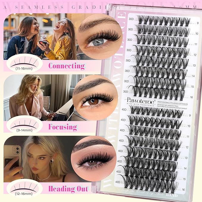 Pawotence Lash Clusters 160pcs Individual Lashes 30D 40D Cluster Eyelash Extensions 9-16mm Eyelash Clusters Lash Extensions DIY for Self Application (30D&40D, 0.07D, 9-16mm)