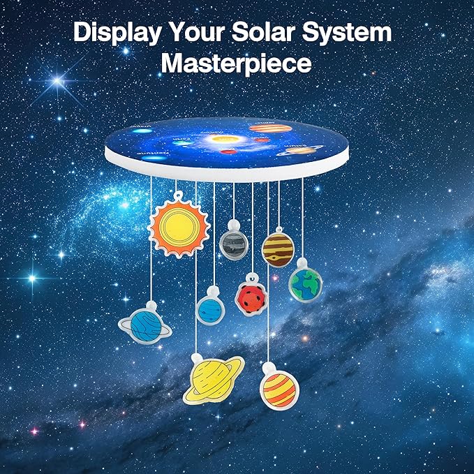 Auihiay 33Pcs Shrink Plastic Sheets Kit, 18 Pre-Cut Solar System Charms, 2 Blank Shrink Papers, 12 Color Markers, Planet-Themed KT Board for Window Hanging Decor