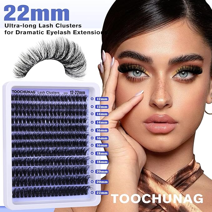 TOOCHUNAG Lash Extension Kit 12-22mm Fluff Cluster Eyelash Extension Kit 100D Thick Volume Lash Clusters Kit D Curly Wispy Cluster Lashes Individual with Lash Bond and Seal and Tweezers