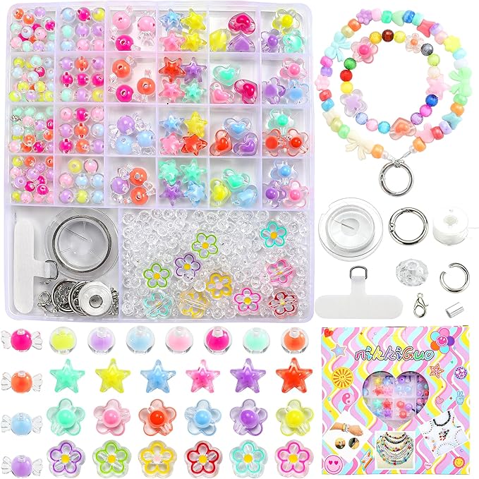 nikkiGuo 320 Piece Acrylic Bead Jewelry Making kit - Transparent Candy Colored Beads, Mixed Shape Heart-Shaped Star Flowers, 8mm/10mm/20mm, Keychain, Phone Chain DIY Craft Jewelry