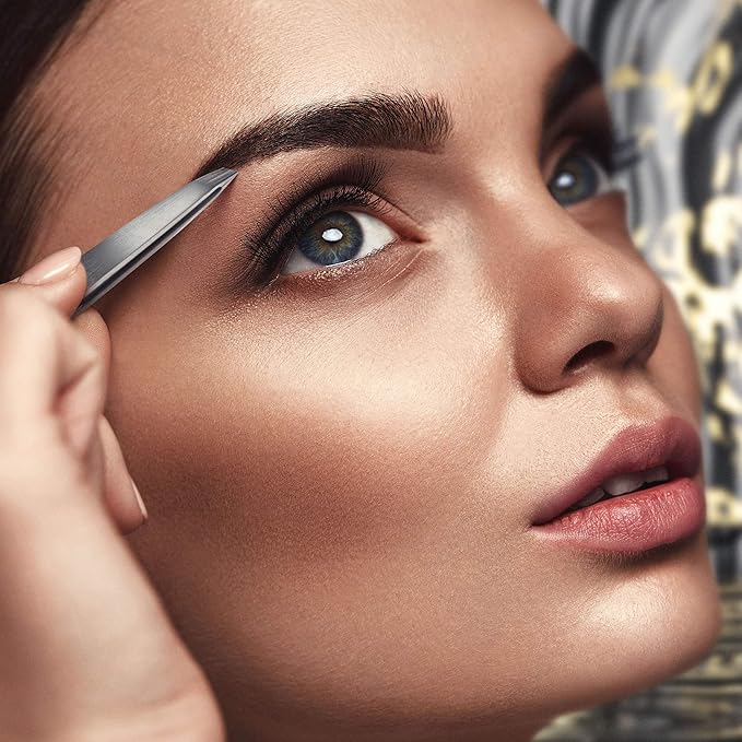 By MILLY Professional Slanted Tweezers for Women & Men | High Carbon Stainless Steel Sharp Tweezer | Tweezers for Women Facial Hair Plucking, Hand-Filed & Aligned Precision Slant Tips - Silver