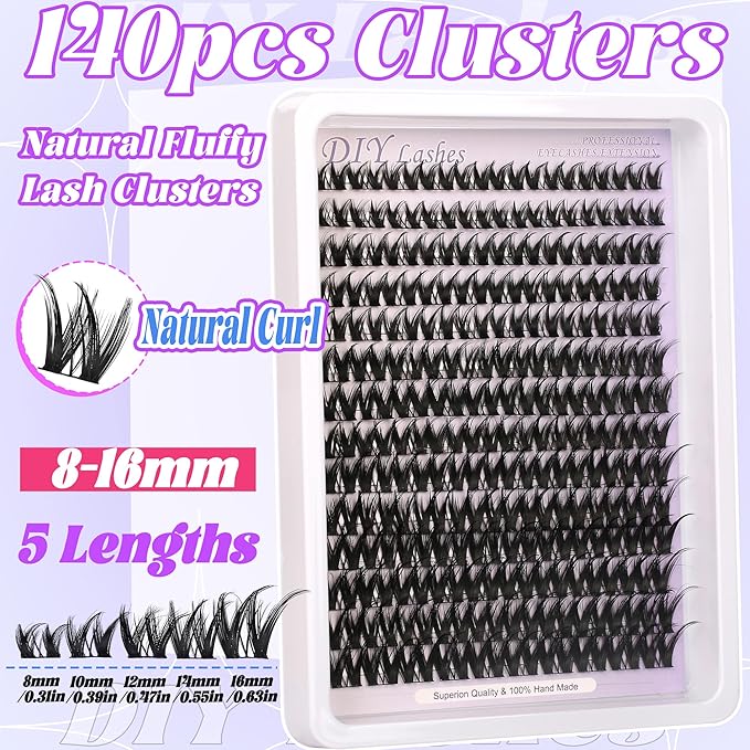 Lash Cluster Eyelash Extension Kit Natural Wispy Lash Clusters Kit Lash Extension Kit Manga Individual Lashes 140pcs C-Curly 8-16mm Individual Lashes