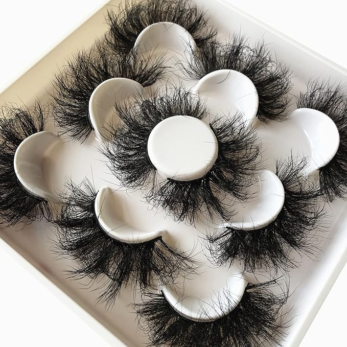 Pooplunch False Eyelashes 25MM Volume Dramatic Faux Mink Lashes 5 Pairs Long Thick Messy Crossed Fake Eye Lashes Strips Pack