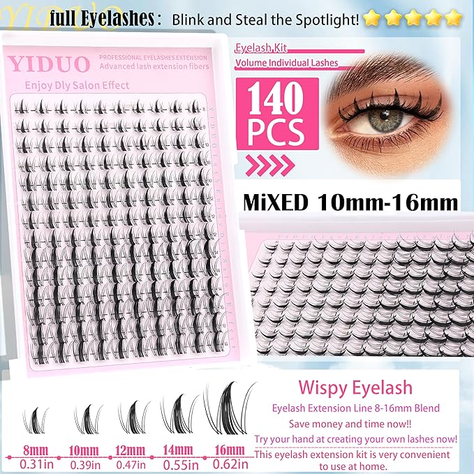 YIDUO Fairy Manga lashes Clusters with Bottom Lashes Clusters Kit Gift Packs 604Pcs 5-16mm Soft Extension False Eyelash D Curl Wispy Natural Wet-Look Lashes Extensions Combo Pack with Glue Removers