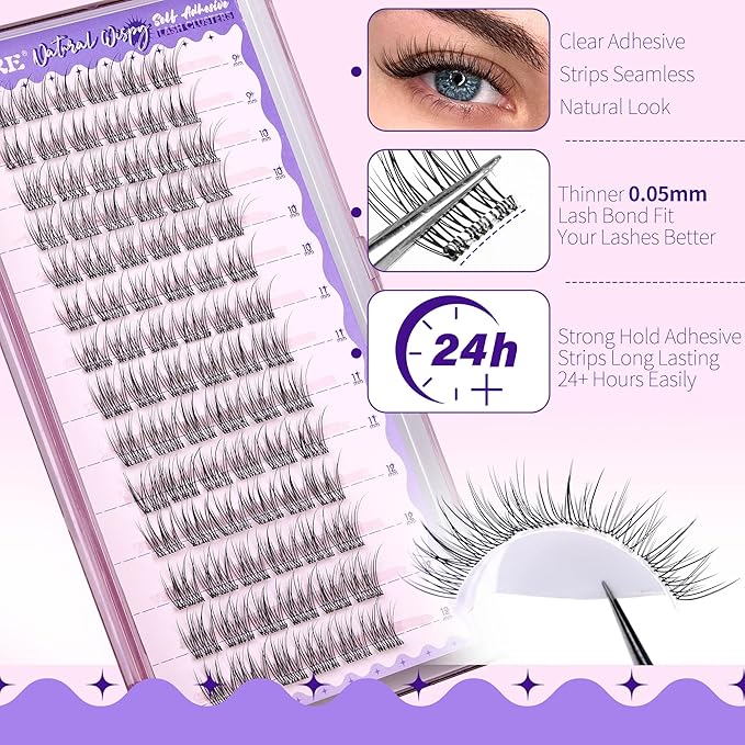 JIMIRE Self Adhesive Eyelashes Wispy Lash Clusters Natural Look 9-12MM Press on Lashes Self Adhesive Lash Clusters No Glue Needed Natural Pre Glued Lashes Clusters Reusable Invisible Band