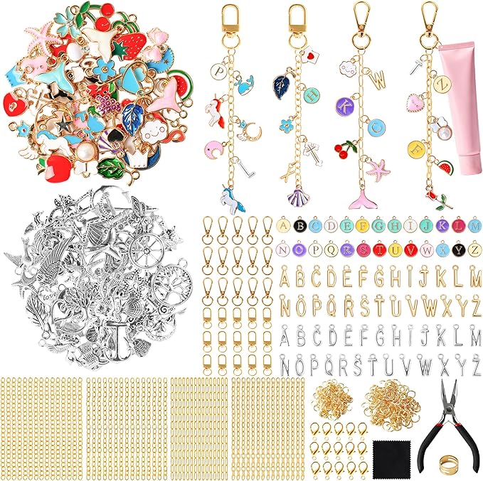 ZOYVUX 636Pcs Lip Gloss Charms Keychain Kit, DIY Bag Charm Kit with 178 Charms, 45 Keychain Hooks, 60 Extender Chains, Jump Rings and Jewelry Plier | Gifts for DIY Craft and Jewelry Making