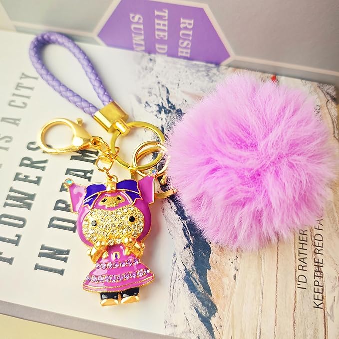 Cute Keychain for Women with Braided Rope, PomPom and Sparkling Rhinestones - Kawaii Charm for Kinds of Bags