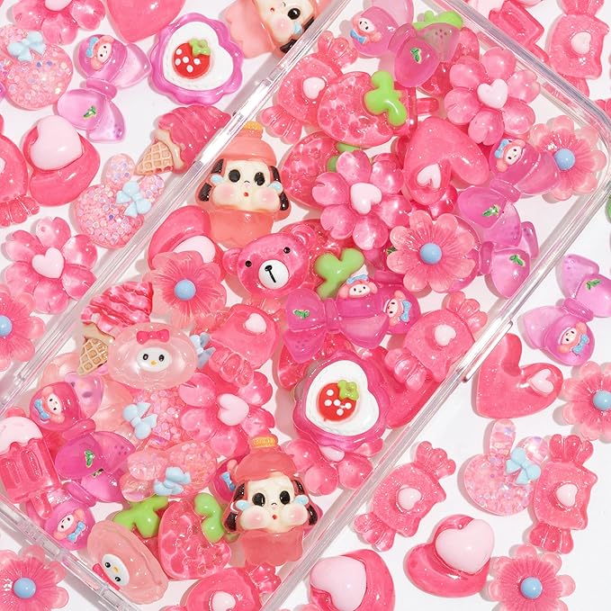Charms 100PCS Mixed Kawaii Flatback Resin Charms for Crafts, Cabochon for DIY Projects, Slime Charm, Resin Art, Scrapbooking, Phone Case & Accessories (Pink)