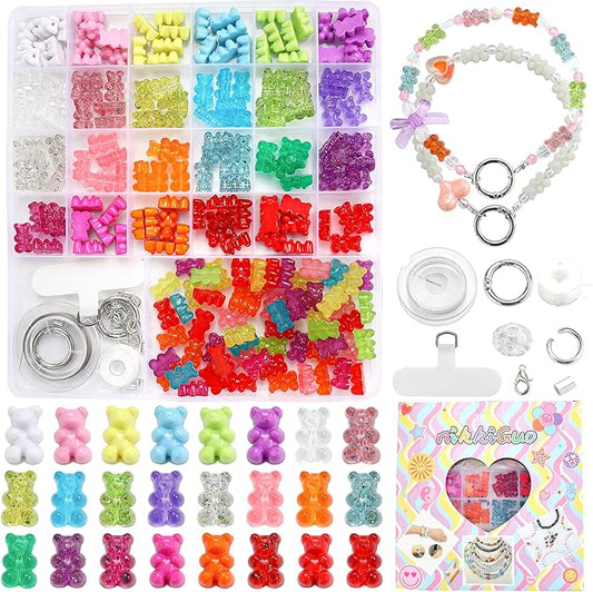 nikkiGuo 200 PCS Acrylic Bear Beads Jewelry Making Kit – 24 Colors in 4 Styles: Candy Color, Transparent, Opaque & Glow in The Dark Beads with Wire, Clasps for DIY Bracelets, Necklaces, Keychains