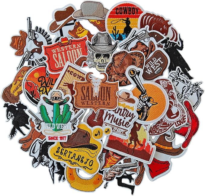 WILDREEDS 30Pcs Western Iron on Patches for Cowboy, Iron on Sew on Embroidered Patches for Hats, Clothing, T-Shirt, Backpacks, Jeans, Jackets