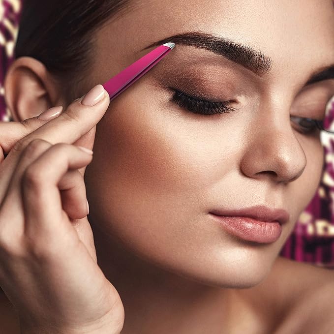 By MILLY Professional Slanted Tweezers for Women and Men | High Carbon Stainless Steel Sharp Tweezer | Tweezers for Women Facial Hair Plucking, Hand-Filed & Aligned Precision Slant Tips - Pink