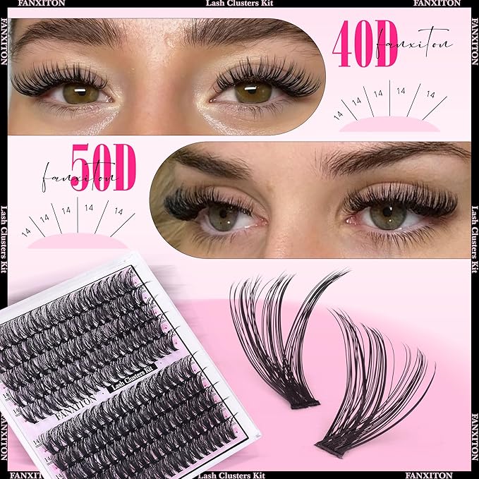 DIY Lash Extension Kit Natural Look Wispy Lash Clusters D Curl 40D+50D 14MM Eyelash Extension Kit Individual Lashes Lash Cluster Kit For Beginners (No Glue)