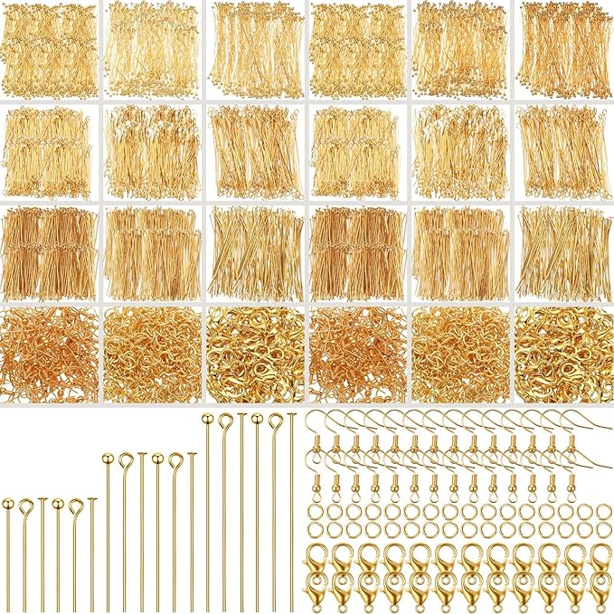HyDren 2600 Pcs Jewelry Making Supplies Eye Flat Head Ball Pins Lobster Clasps Jump Rings Earring Hooks Backs Set Jewelry Making Findings Accessories Kit for Earring Bracelet DIY Crafts(Gold)