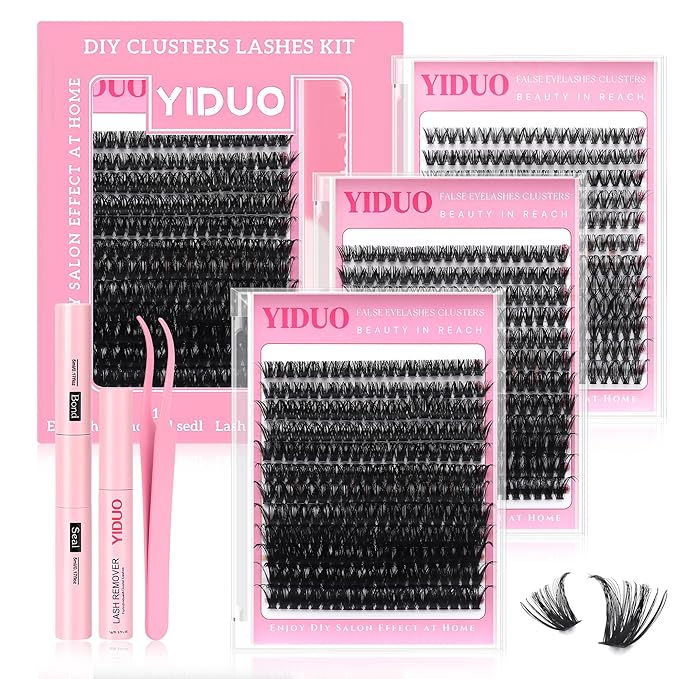 YIDUO 3 Styles Lashes Cluster Kit 720Pcs Eyelash Extensions Kit 40P+60P+80P 8-18mm D Curl Volume False Eyelashes DIY Individual Wispy Fake Eye Lashes Combo Packs with Bond&Seal |Tweezers | Removers