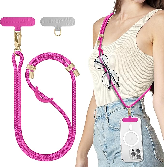SURPHY Phone Lanyard Crossbody, Adjustable Cell Phone Lanyard with 2 Pack Phone Tether Tab, Two-Color Braided Phone Strap (Hot Pink)