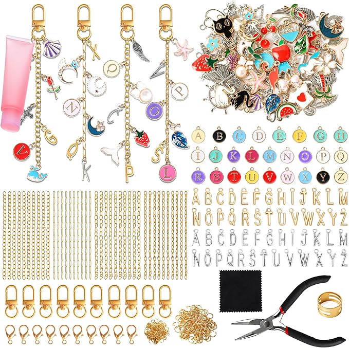 SUTROMA 501pcs Lip Gloss Charms Keychain Kit | Bag Charm Kit with 138 Charms 10 Keychain Clips 40 Extender Chains 1 Jewelry Plier | Jewelry Making Supplies for DIY Key Chain Making