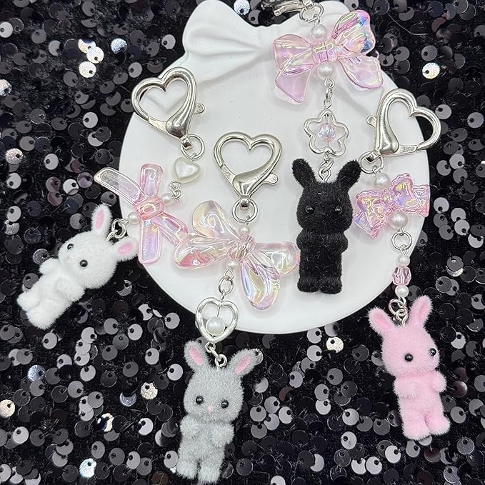 Cute Fuzzy rabbit Keychain for Women - Y2K Plush Bow Bag Charm Decor, Kawaii Kitty Pendant Gift for her