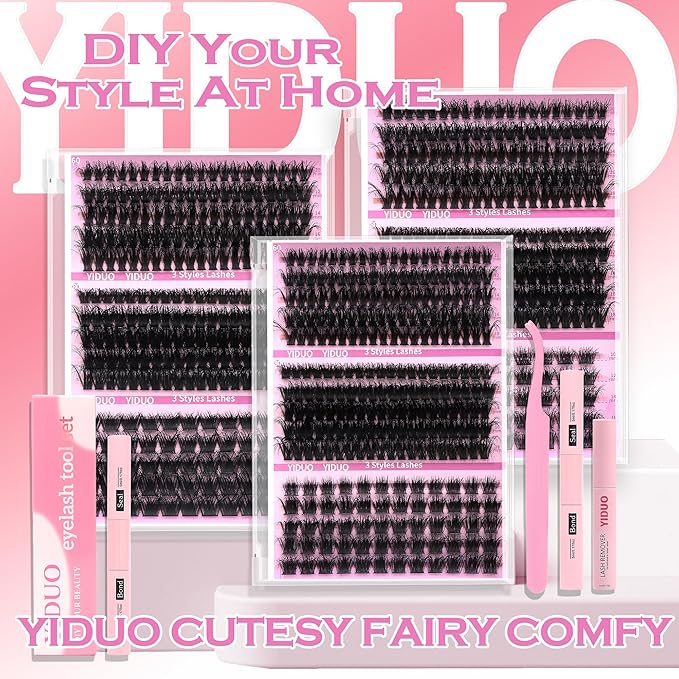 YIDUO Volume Lashes Clusters Lash Kit 770Pcs with 2X Bond&Seal 5 style Mixed C-Curl False Eyelashes Extensions Kit Faux Mink Individual Wispy Lash Clusters Thick Lash Extensions DIY at Home Easily