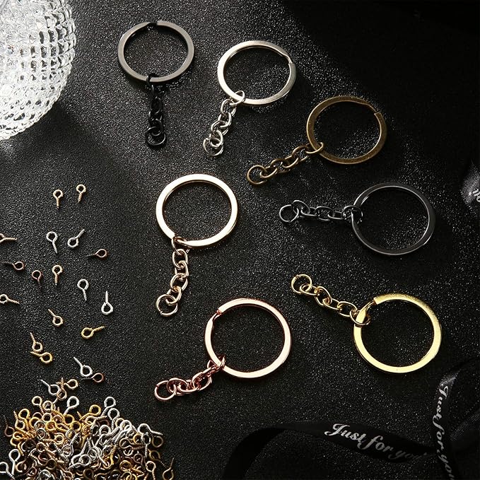 215 Pieces Keychain Rings Set Including 35 Pieces Keychain Rings with 35 Pieces Open Jump Rings and 180 Pieces Small Screw Eye Pins for Crafts and Jewelry Making (Mixed Colors,30 mm)