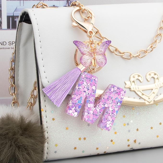 Initial letter Keychains for Women Girls Tassel Butterfly Cute Keychain for Wallet Backpack charm