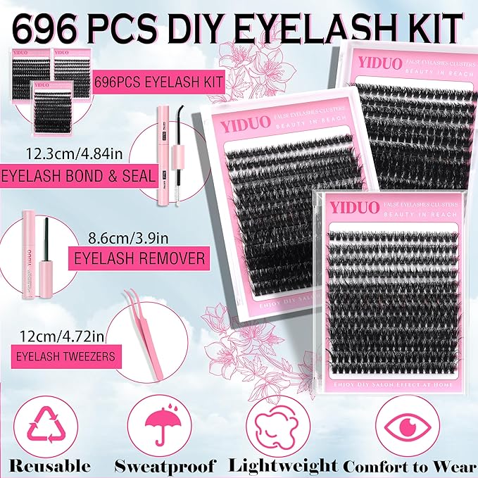 YIDUO Volume Lashes Cluster Kit 60D+80D+100D Clusters Lash Eyelashes Kit 696Pcs Bulk Packs, D Curl Wispy 10-18mm DIY Individual Eyelash Extensions Wholesale Combo Pack with Glue|Tweezers|Removers