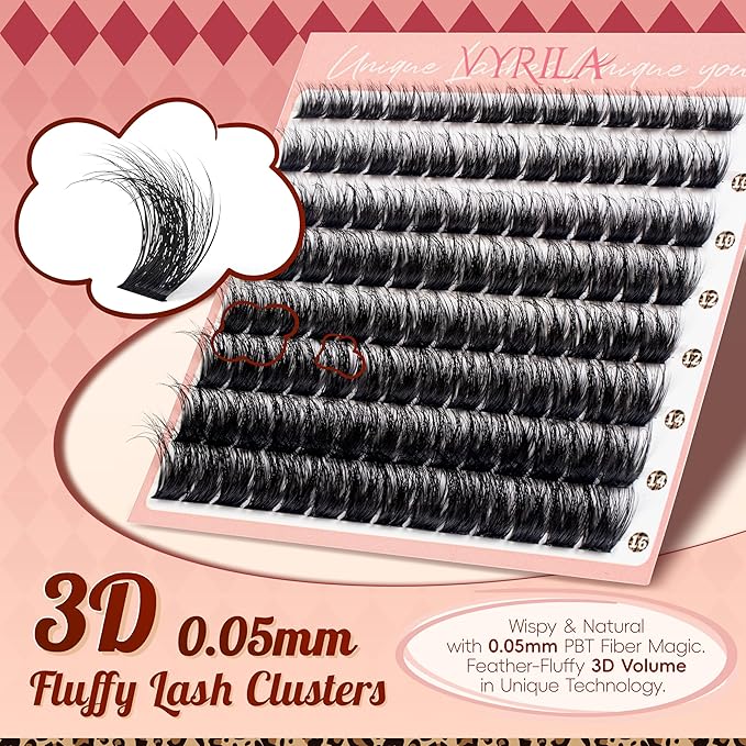 VYRILA Lash Clusters 0.05mm PBT Fiber Eyelash Clusters, 0.1mm Superfine Black Band D Curl Diy Lash Extension, 112pcs 8-16mm Individual Like Eyelash Extensions (Lushy-D-8-16Mix)