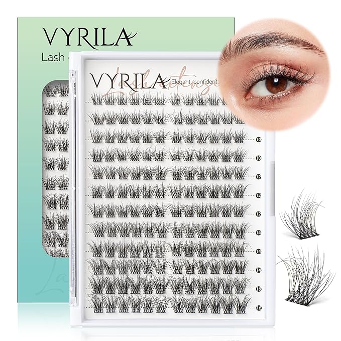VYRILA Lash Clusters 144pcs Individual Lashes, 3D Wispy Lashes Clusters, 0.1mm Super Thin Band Resuable Natural Lashes,D Curl Faux Mink Lashes, 0.05mm Lash Extension (Green Hush-D-0.05-8-16mix)