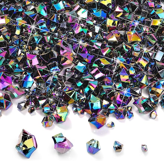 Syhood 570 Pcs 5 Sizes Iridescent Black Fake Crushed Ice Rocks Plastic Black Purple Acrylic Crystal Gems Diamonds Jewels Marble for Vase Fillers Decoration Wedding Table Scattering Halloween Decor