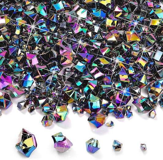 Syhood 570 Pcs 5 Sizes Iridescent Black Fake Crushed Ice Rocks Plastic Black Purple Acrylic Crystal Gems Diamonds Jewels Marble for Vase Fillers Decoration Wedding Table Scattering Halloween Decor