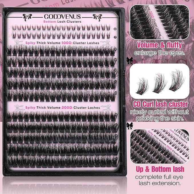 Goddvenus Fluffy Eyelash Clusters Kit Waterproof DIY Lashes Extension Kit Wispy Volume D Curl Cluster Eyelash Extensions Kit Mink Individual Lashes Kits with Bottom Eyelashes (Volume 240pcs D Curl)